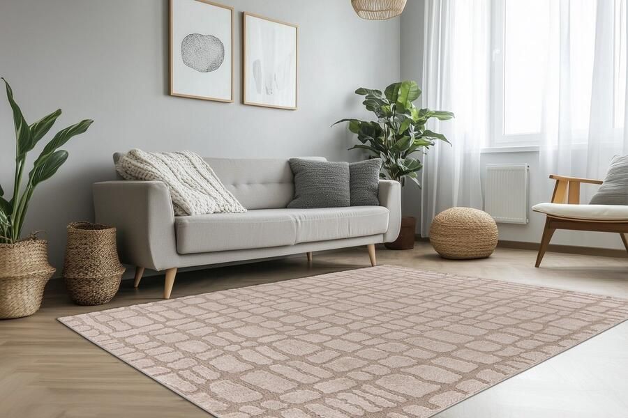 Muratap Lotus Home Modern Vloerkleed 100% Polyester Laagpolig 3D Effect Beige- 200x290 CM