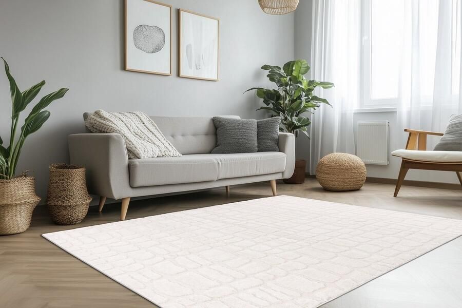 Muratap Lotus Home Modern Vloerkleed 100% Polyester Laagpolig 3D Effect Creme- 160x230 CM