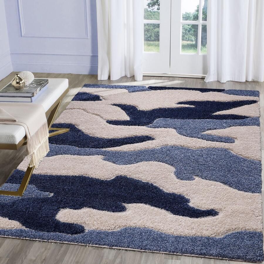 Muratap Luxus Shaggy Plus Hoogpolig Vloerkleed Abstract Design Rechthoekig Blauw Creme Modern en Zacht Tapijt- 120x160 CM