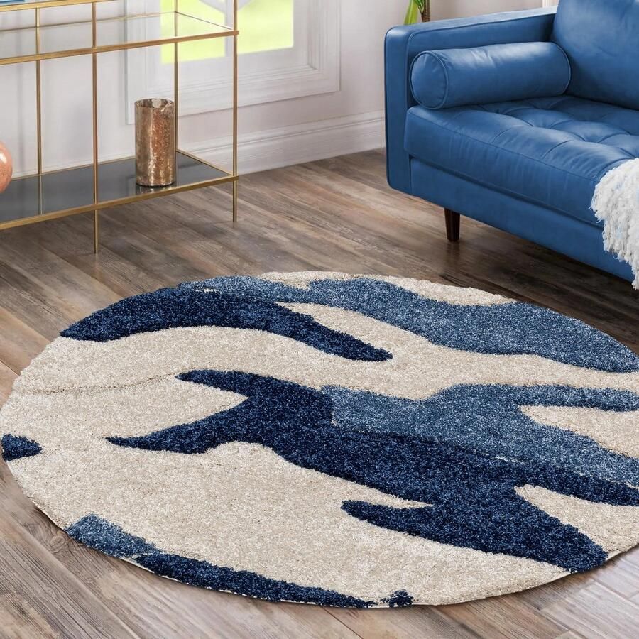 Muratap Luxus Shaggy Plus Hoogpolig Vloerkleed Abstract Design Rond Blauw Creme Modern en Zacht Tapijt- 120 CM ROND