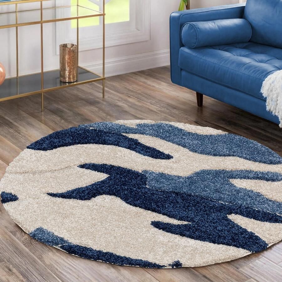 Muratap Luxus Shaggy Plus Hoogpolig Vloerkleed Abstract Design Rond Blauw Creme Modern en Zacht Tapijt- 150 CM ROND