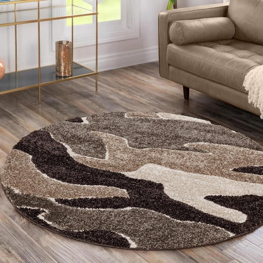 Muratap Luxus Shaggy Plus Hoogpolig Vloerkleed Abstract Design Rond Bruin Beige Modern en Zacht Tapijt- 120 CM ROND