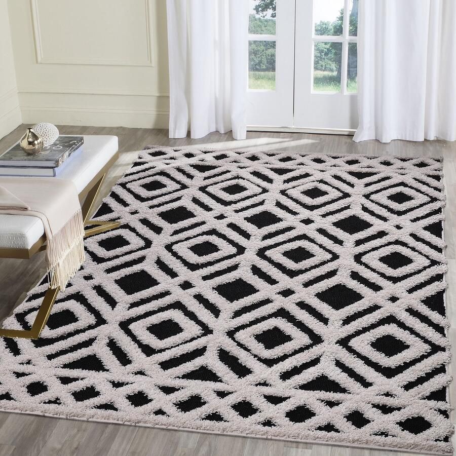 Muratap Luxus Shaggy Plus Hoogpolig Vloerkleed Hoog Laag Design Creme Zwart Rechthoekig Zacht en Luxe Tapijt- 160x220 CM