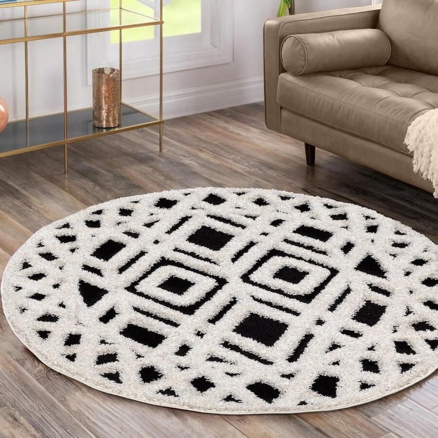 Muratap Luxus Shaggy Plus Hoogpolig Vloerkleed Hoog Laag Design Creme Zwart Rond Zacht en Luxe Tapijt- 120 CM ROND
