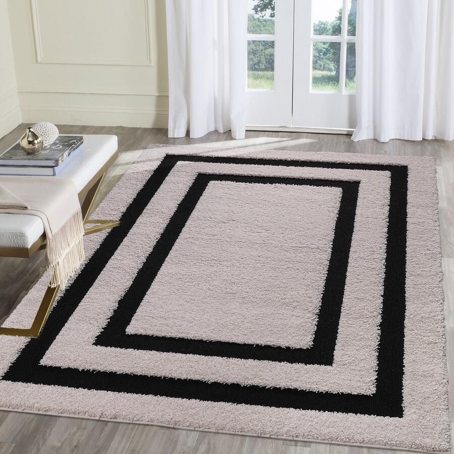 Muratap Luxus Shaggy Plus Hoogpolig Vloerkleed Modern Geometrisch Design Creme Zwart Rechthoekig Zacht en Luxe Tapijt- 80x150 CM