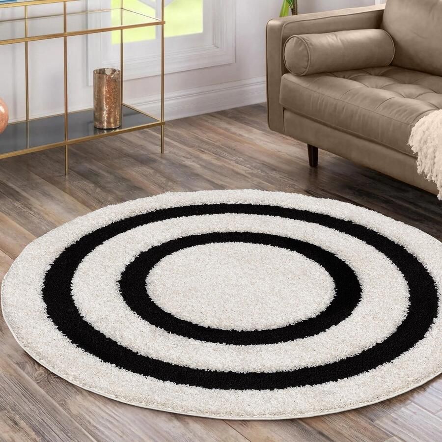 Muratap Luxus Shaggy Plus Hoogpolig Vloerkleed Modern Geometrisch Design Creme Zwart Rond Zacht en Luxe Tapijt- 150 CM ROND