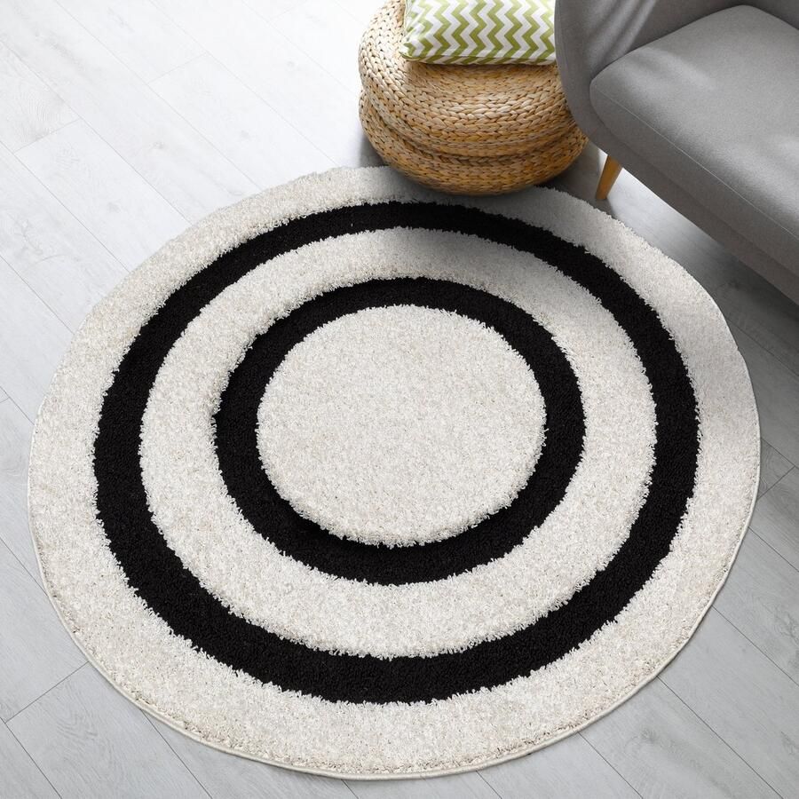 Muratap Luxus Shaggy Plus Hoogpolig Vloerkleed Modern Geometrisch Design Creme Zwart Rond Zacht en Luxe Tapijt- 120 CM ROND