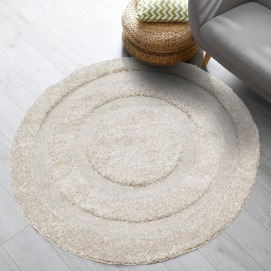 Muratap Luxus Shaggy Plus Hoogpolig Vloerkleed Modern Geometrisch Design Uni Effen Creme Rond Zacht en Luxe Tapijt- 120 CM ROND