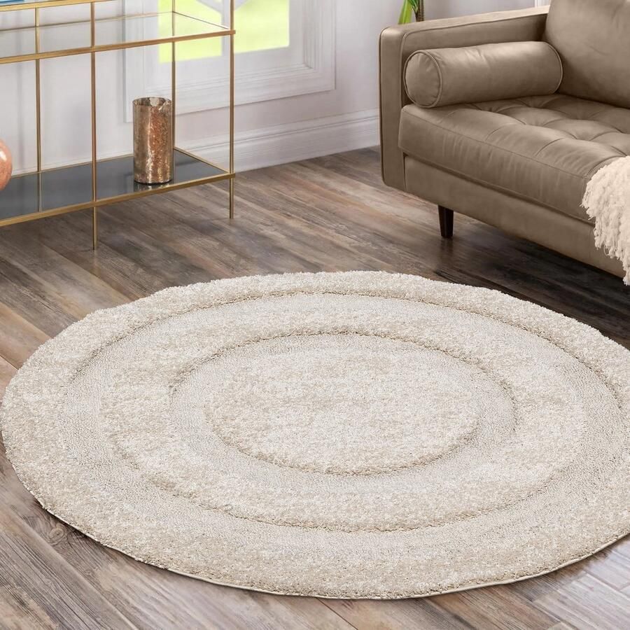 Muratap Luxus Shaggy Plus Hoogpolig Vloerkleed Modern Geometrisch Design Uni Effen Creme Rond Zacht en Luxe Tapijt- 150 CM ROND
