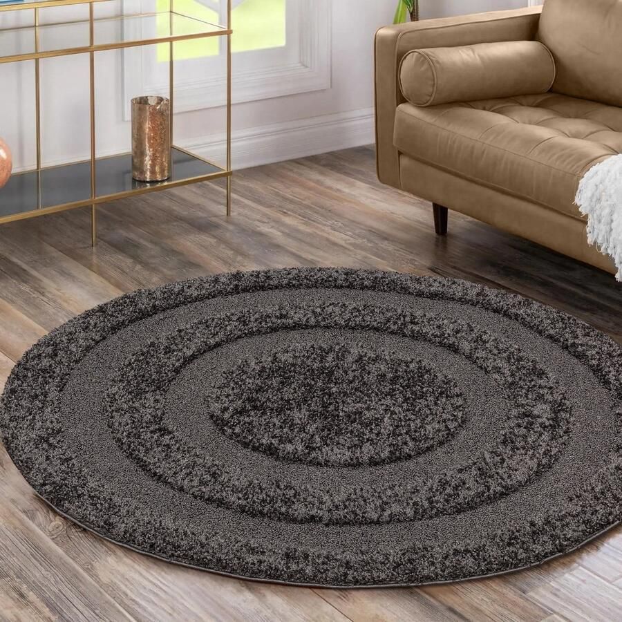 Muratap Luxus Shaggy Plus Hoogpolig Vloerkleed Modern Geometrisch Design Uni Effen Grijs Rond Zacht en Luxe Tapijt- 120 CM ROND