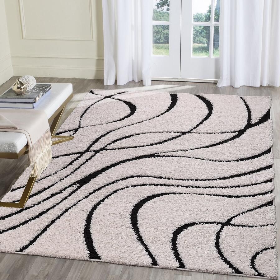 Muratap Luxus Shaggy Plus Hoogpolig Vloerkleed Skandi Design Creme Zwart Rechthoekig Zacht en Luxe Tapijt- 80x150 CM