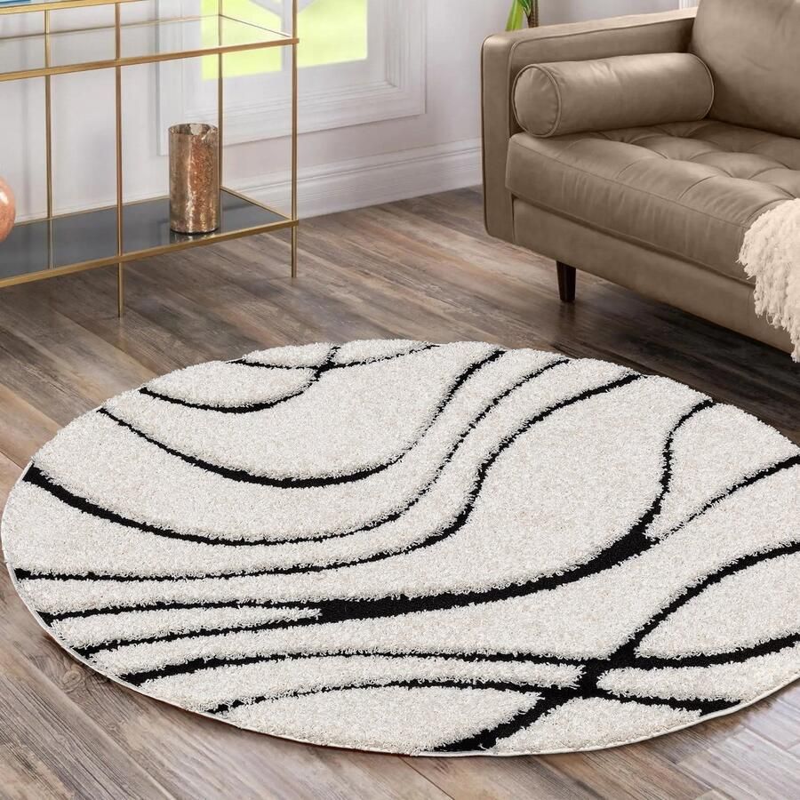 Muratap Luxus Shaggy Plus Hoogpolig Vloerkleed Skandi Design Creme Zwart Rond Zacht en Luxe Tapijt- 120 CM ROND