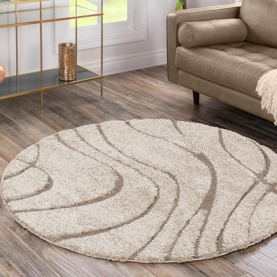 Muratap Luxus Shaggy Plus Hoogpolig Vloerkleed Skandi Design Uni Effen Beige Rond Zacht en Luxe Tapijt- 150 CM ROND