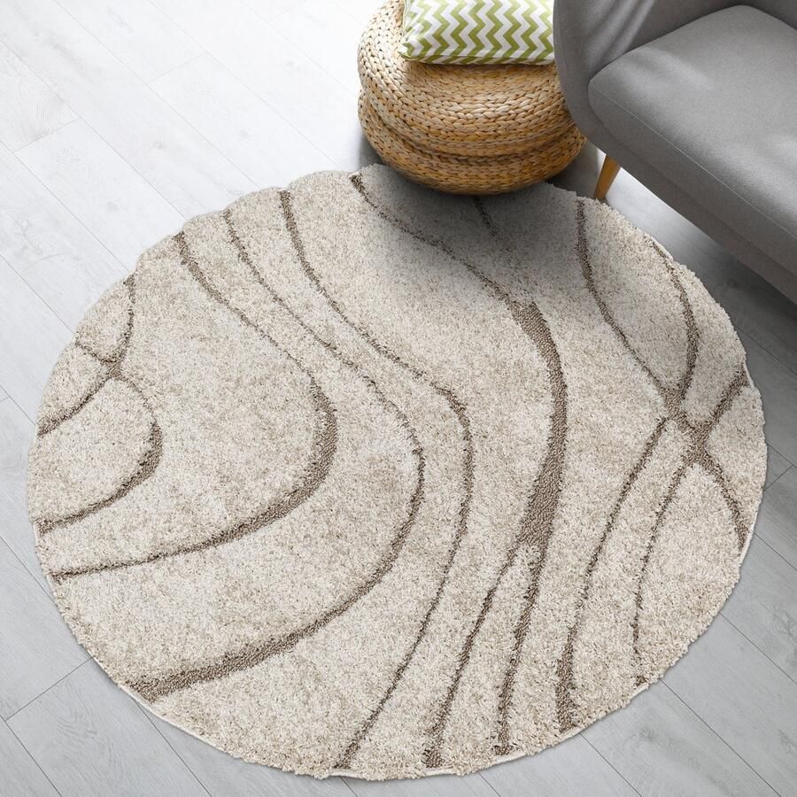 Muratap Luxus Shaggy Plus Hoogpolig Vloerkleed Skandi Design Uni Effen Beige Rond Zacht en Luxe Tapijt- 120 CM ROND