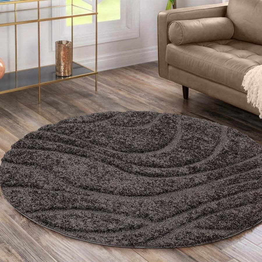 Muratap Luxus Shaggy Plus Hoogpolig Vloerkleed Skandi Design Uni Effen Grijs Rond Zacht en Luxe Tapijt- 150 CM ROND