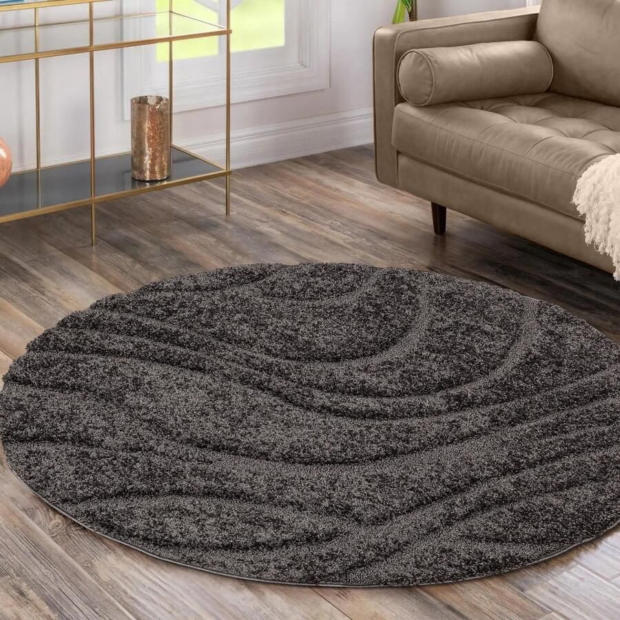 Muratap Luxus Shaggy Plus Hoogpolig Vloerkleed Skandi Design Uni Effen Grijs Rond Zacht en Luxe Tapijt- 120 CM ROND