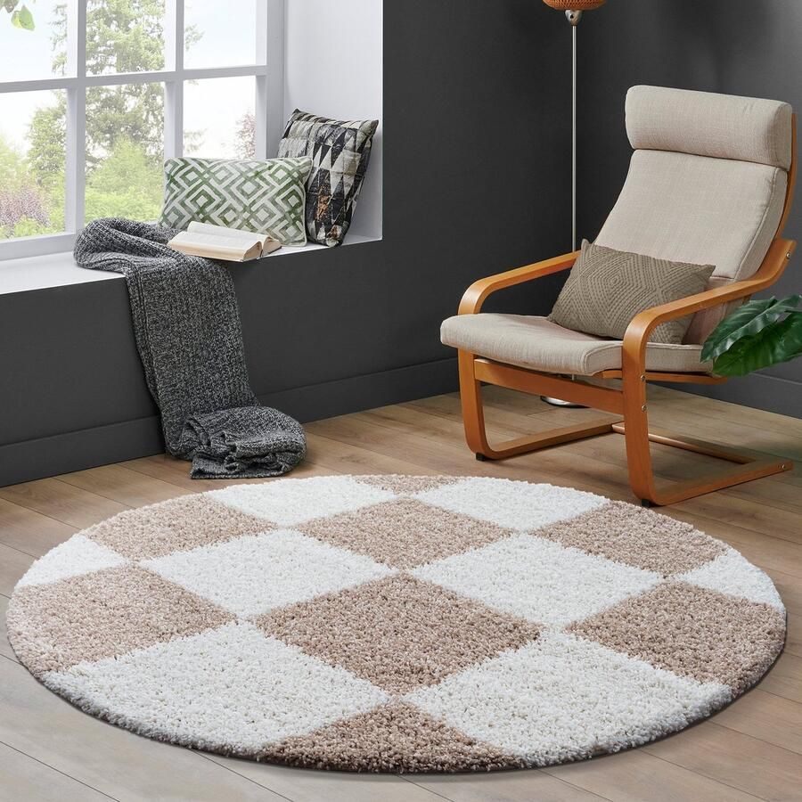 Muratap Tapijtenloods Milano Geblokt Hoogpolig Rond Vloerkleed Modern Beige Creme- 200 CM ROND