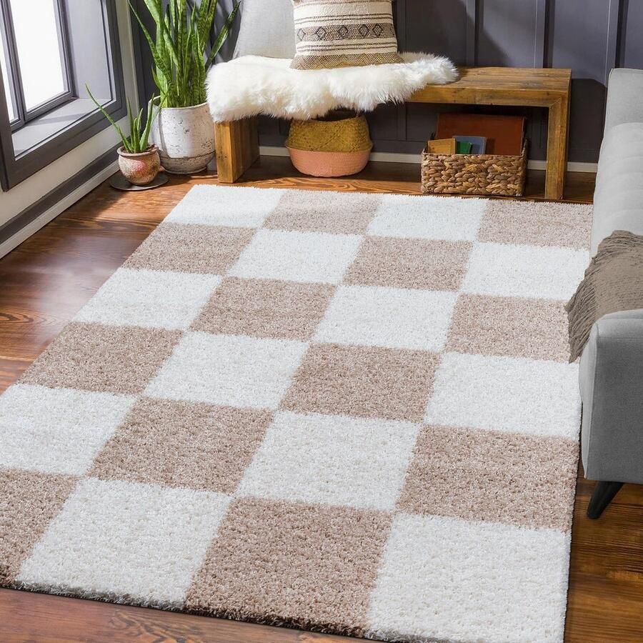 Muratap Tapijtenloods Milano Geblokt Hoogpolig Vloerkleed Beige Creme 120x170 CM Modern Tapijt - Foto 2