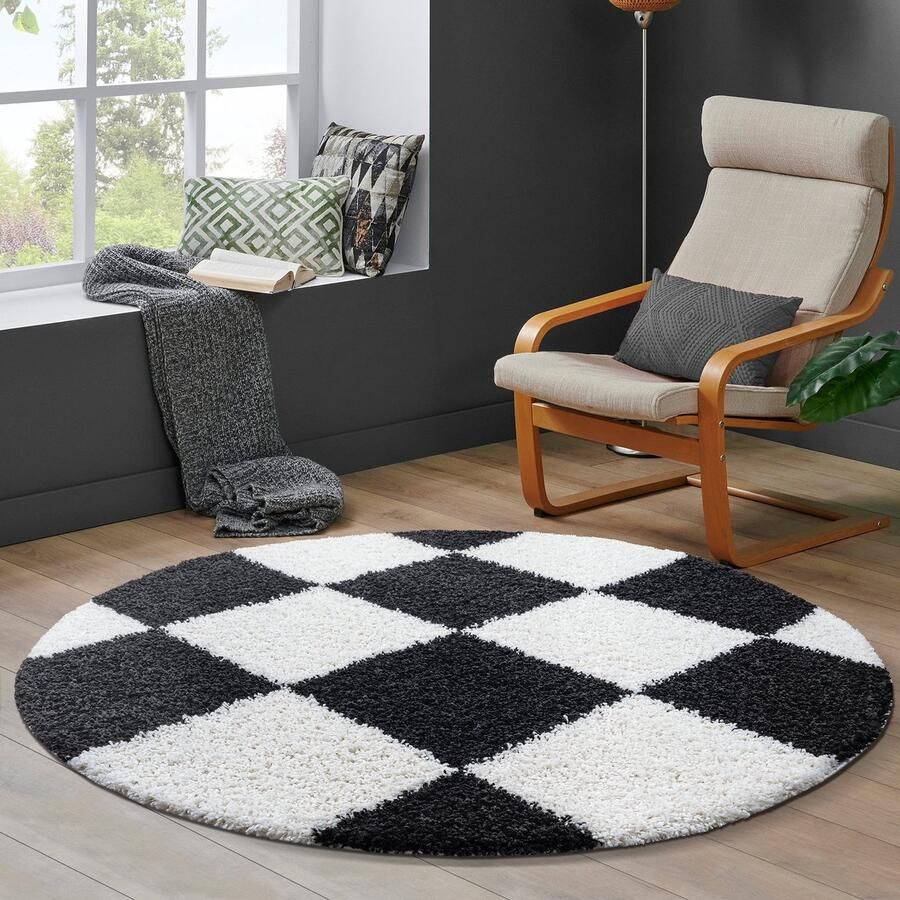 Muratap Tapijtenloods Milano Geblokt Hoogpolig Rond Vloerkleed Modern Zwart Creme- 200 CM ROND