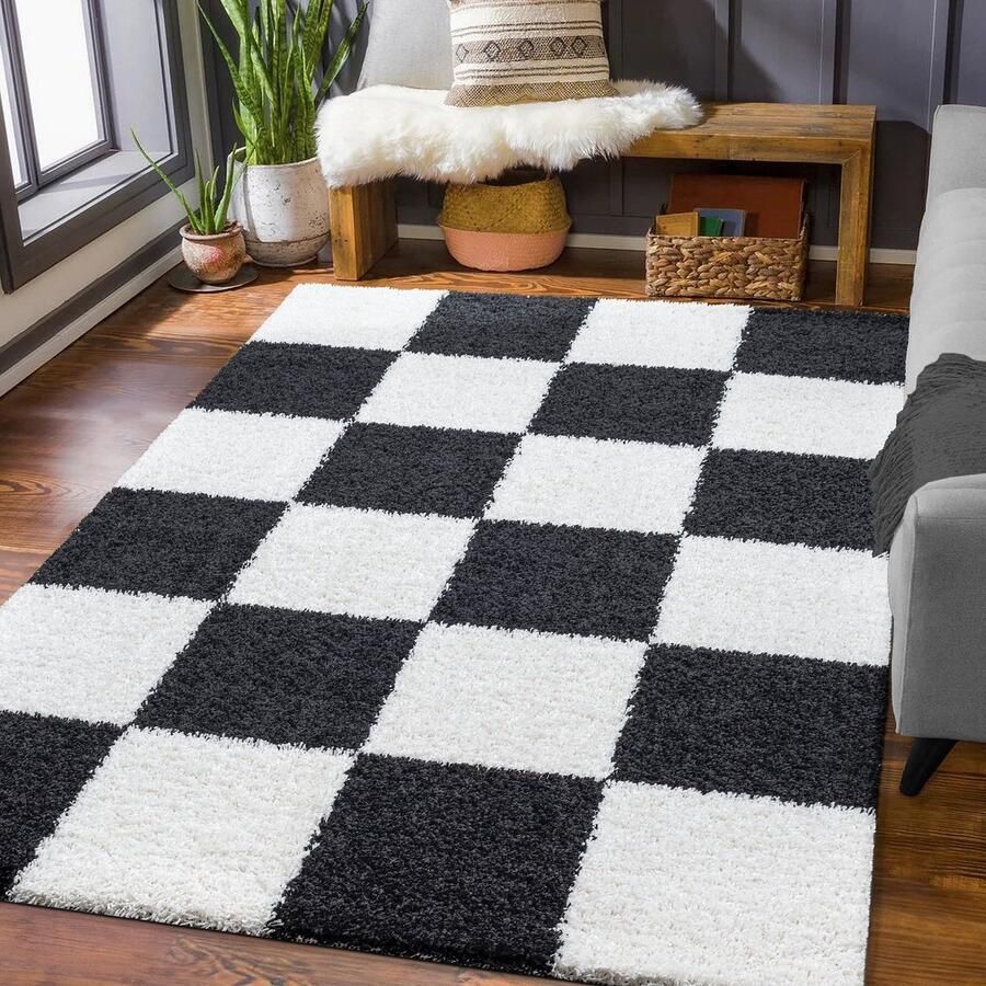 Muratap Tapijtenloods Milano Geblokt Hoogpolig Vloerkleed Zwart Creme 80x150 CM Modern Tapijt