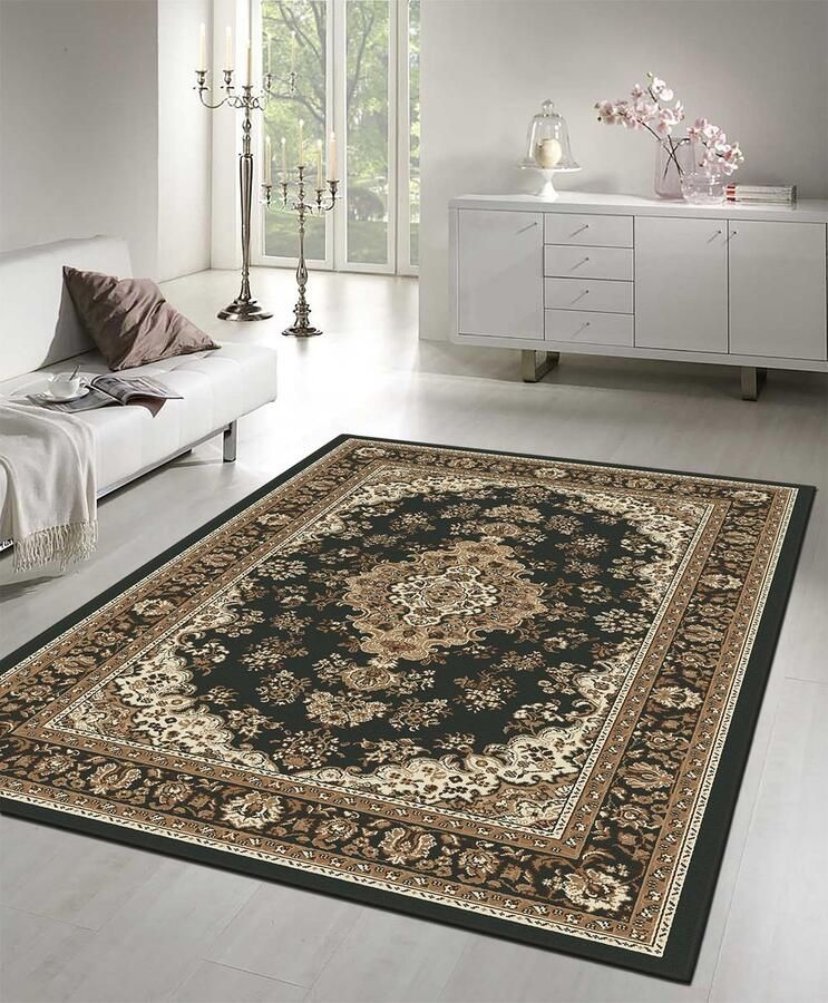 Muratap Nain Klassiek Medaillon Laagpolig Oosters Vloerkleed Vintage Tapijt Zwart- 80x150 CM