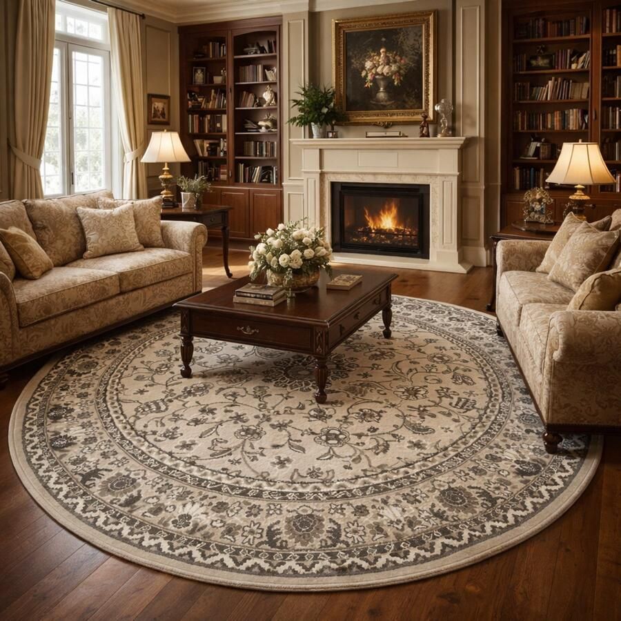 Muratap Nain Klassiek Rond Laagpolig Oosters Vloerkleed Vintage Tapijt Creme- 200 CM ROND
