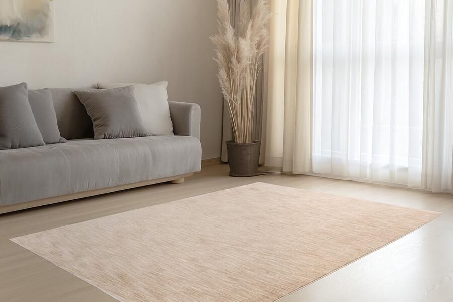 Muratap Pandora Soft Uni Effen Vloerkleed Laagpolig 100% Polyester Soft Touch Franjes Beige- 160x230 CM