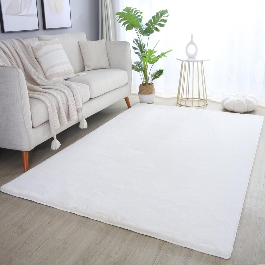 Muratap Pouffy Fluffy Hoogpolig Vloerkleed Uni Kleur -Creme Woonkamer Tapijt Katoenen Rug- 60x100 CM