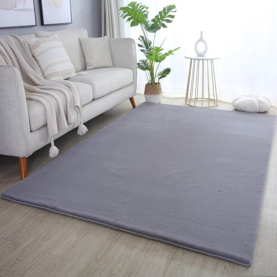Muratap Pouffy Fluffy Hoogpolig Vloerkleed Uni Kleur Grijs Woonkamer Tapijt Katoenen Rug- 240x340 CM
