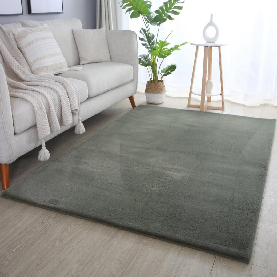 Muratap Pouffy Fluffy Hoogpolig Vloerkleed Uni Kleur -Groen Woonkamer Tapijt Katoenen Rug- 240x340 CM