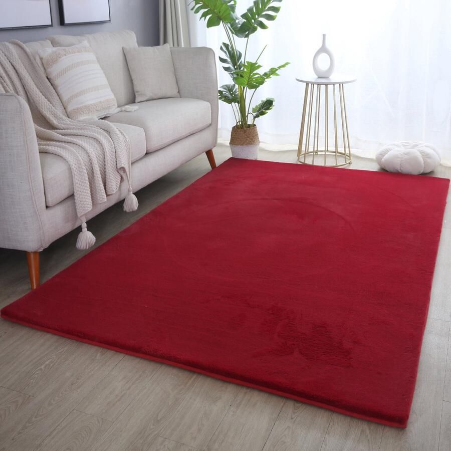 Muratap Pouffy Fluffy Hoogpolig Vloerkleed Uni Kleur Rood Woonkamer Tapijt Katoenen Rug- 160x230 CM
