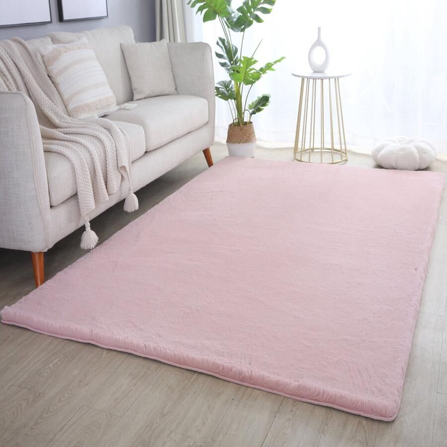 Muratap Pouffy Fluffy Hoogpolig Vloerkleed Uni Kleur Roze Woonkamer Tapijt Katoenen Rug- 160x230 CM