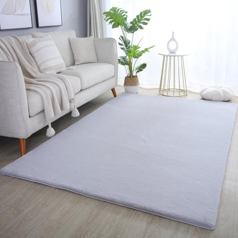 Muratap Pouffy Fluffy Hoogpolig Vloerkleed Uni Kleur Zilver Woonkamer Tapijt Katoenen Rug- 80x250 CM