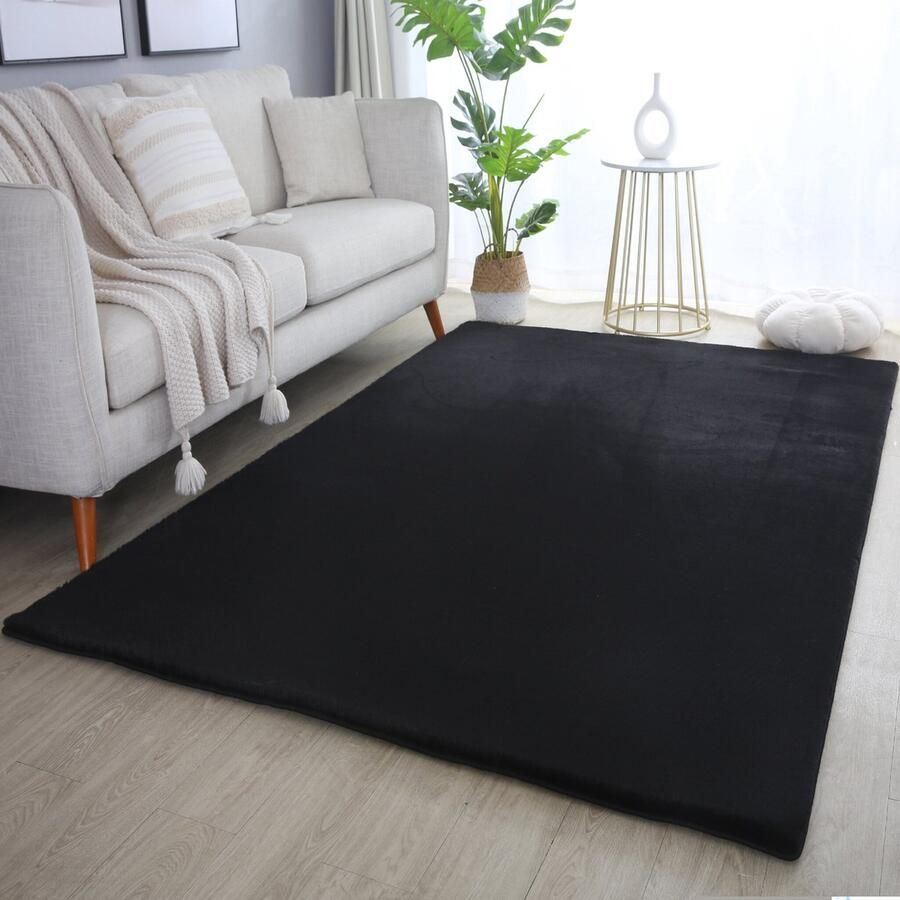 Muratap Pouffy Fluffy Hoogpolig Vloerkleed Uni Kleur -Zwart Woonkamer Tapijt Katoenen Rug- 60x100 CM