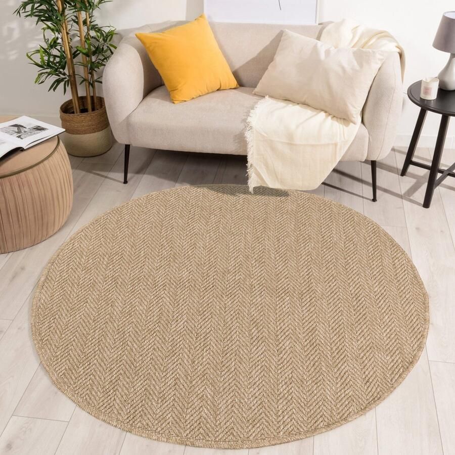 Muratap Relax Denver Laagpolig Jute Rond Vloerkleed In en Outdoor Modern Tapijt Beige- 120 CM ROND