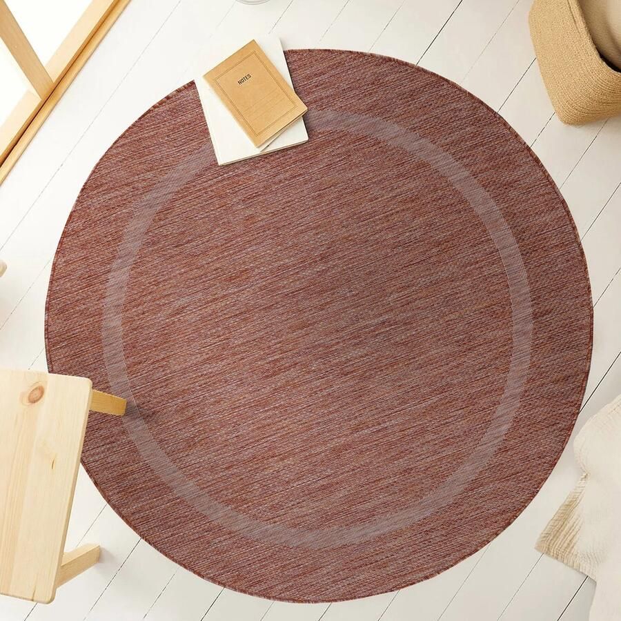 Muratap Relax Uni Binnen en Buiten Rond Vloerkleed Indoor & Outdoor Laagpolig Effen Rood- 120 CM ROND