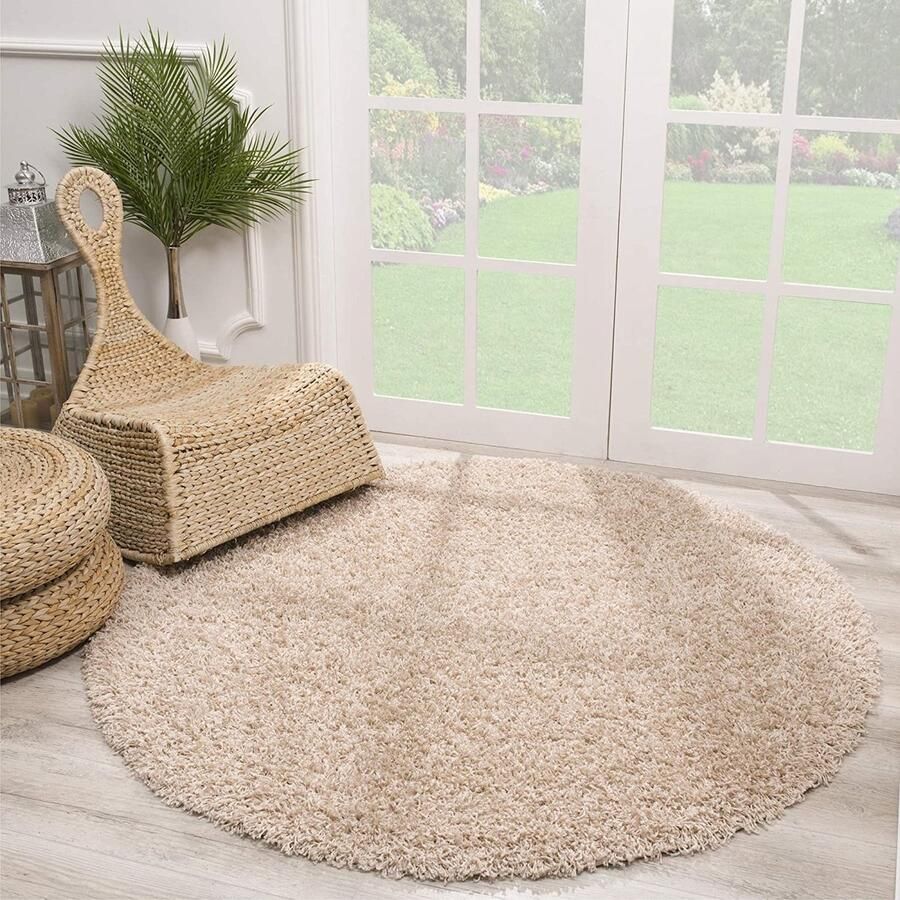 Muratap Rond Loca Shaggy Vloerkleed – Modern Uni Effen – Beige Hoogpolig & Zacht- 350 CM ROND