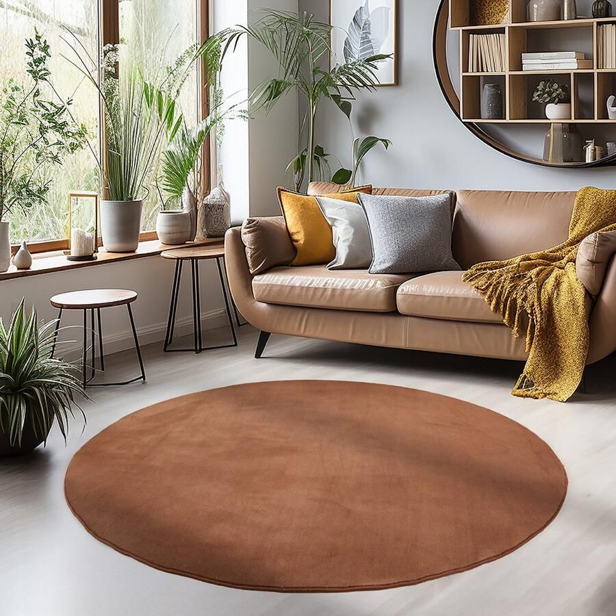 Muratap Sky Soft Uni Basic Rond Vloerkleed Laagpolig Effen Kleur Bruin Woonkamer Tapijt Anti-Slip Rug- 160 CM ROND