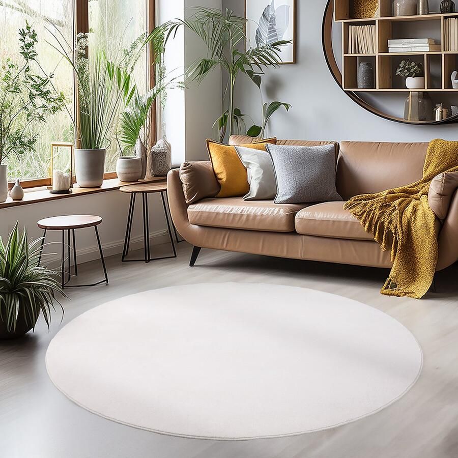 Muratap Sky Soft Uni Basic Rond Vloerkleed Laagpolig Effen Kleur Creme Woonkamer Tapijt Anti-Slip Rug- 200 CM ROND