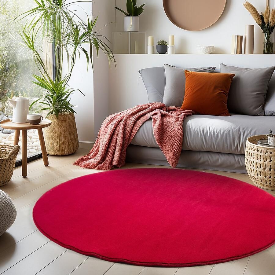 Muratap Sky Soft Uni Basic Rond Vloerkleed Laagpolig Effen Kleur Rood Woonkamer Tapijt Anti-Slip Rug- 120 CM ROND
