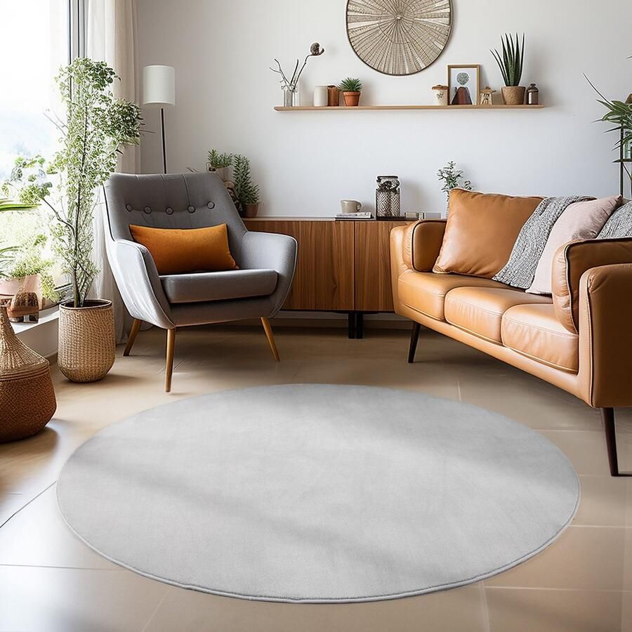 Muratap Sky Soft Uni Basic Rond Vloerkleed Laagpolig Effen Kleur Zilver Woonkamer Tapijt Anti-Slip Rug- 200 CM ROND