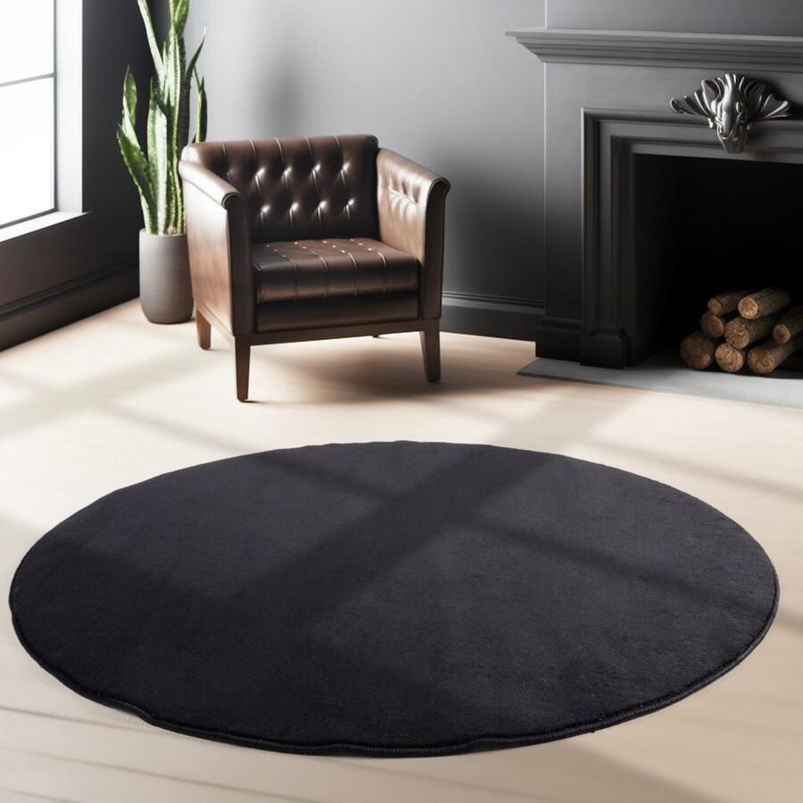 Muratap Sky Soft Uni Basic Rond Vloerkleed Laagpolig Effen Kleur Zwart Woonkamer Tapijt Anti-Slip Rug- 200 CM ROND