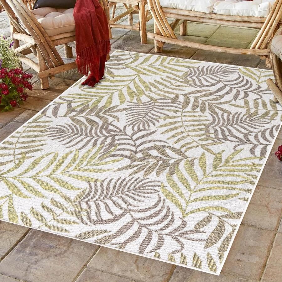 Muratap Sunny Outdoor Binnen en Buiten Vloerkleed Palm Design Beige Tapijt voor Tuin Terras Balkon- 80x250 CM