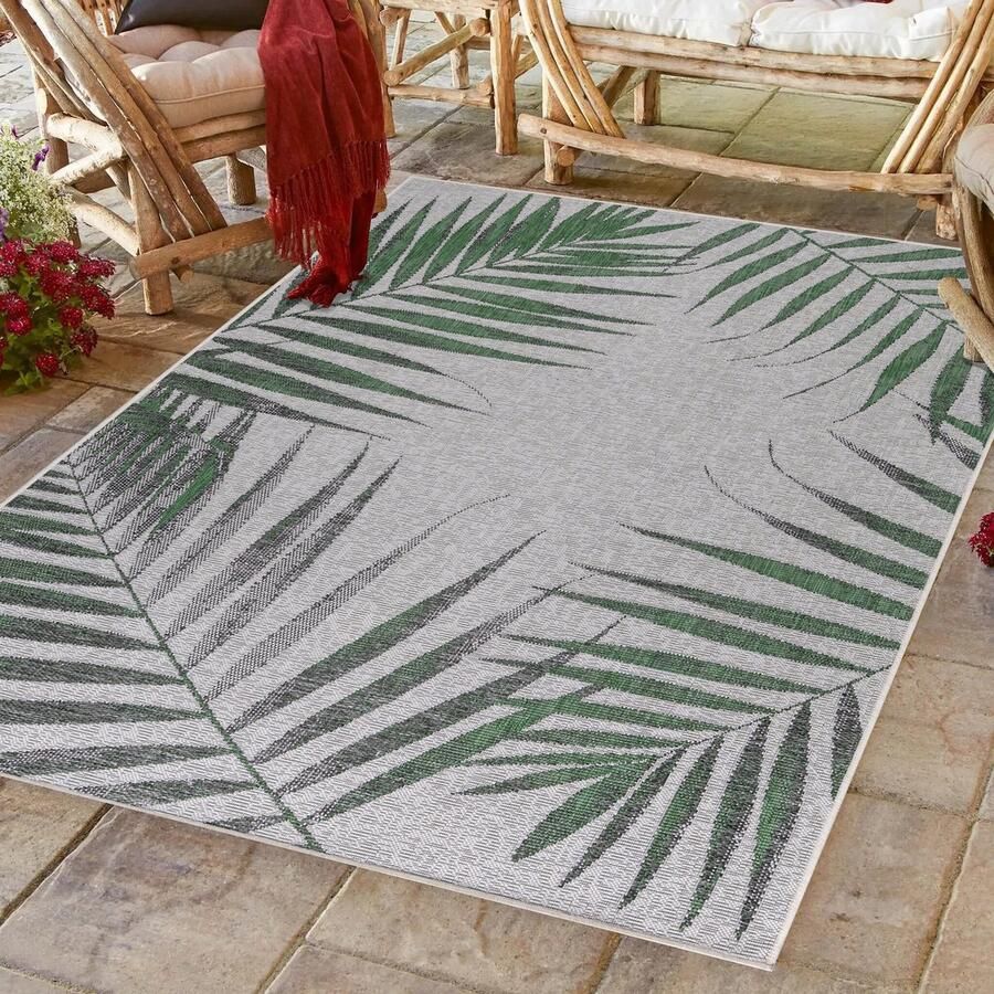 Muratap Sunny Outdoor Binnen en Buiten Vloerkleed Palm Design Groen Tapijt voor Tuin Terras Balkon- 280x370 CM
