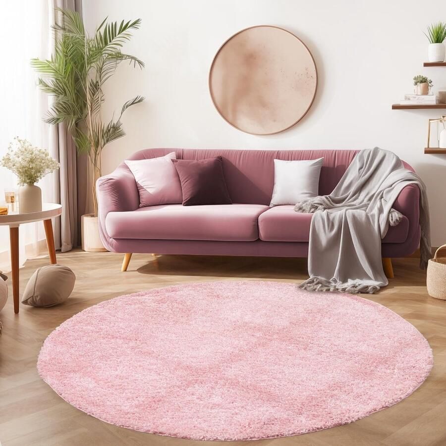 Muratap Tapijtenloods Basic Rond Shaggy vloerkleed Roze Hoogpolig- 120 CM ROND