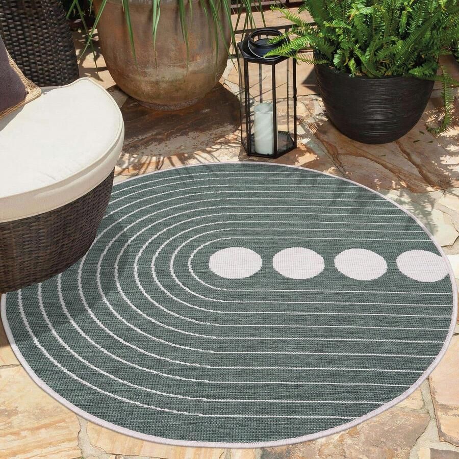 Muratap Tapijtenloods Duo Binnen en Buiten Vloerkleed Dubbelzijdig Outdoor Laagpolig Tapijt Creme Groen- 120 CM ROND