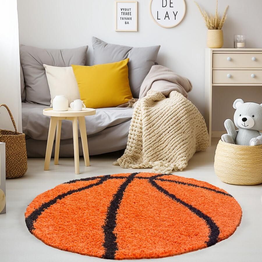 Muratap Tapijtenloods Fun Basketbal Kinderkamer Rond Vloerkleed Hoogpolig Oranje- 120 CM ROND