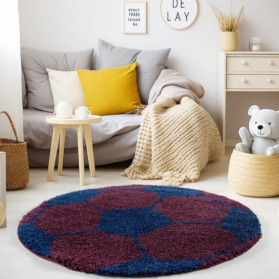 Muratap Tapijtenloods Fun Voetbal Kinderkamer Rond Vloerkleed Hoogpolig Blauw Paars- 100 CM ROND