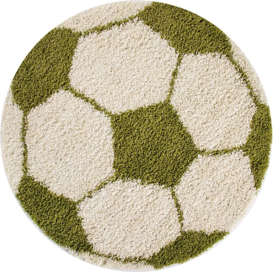 Muratap Tapijtenloods Fun Voetbal Kinderkamer Rond Vloerkleed Hoogpolig Groen Wit- 100 CM ROND - Foto 2
