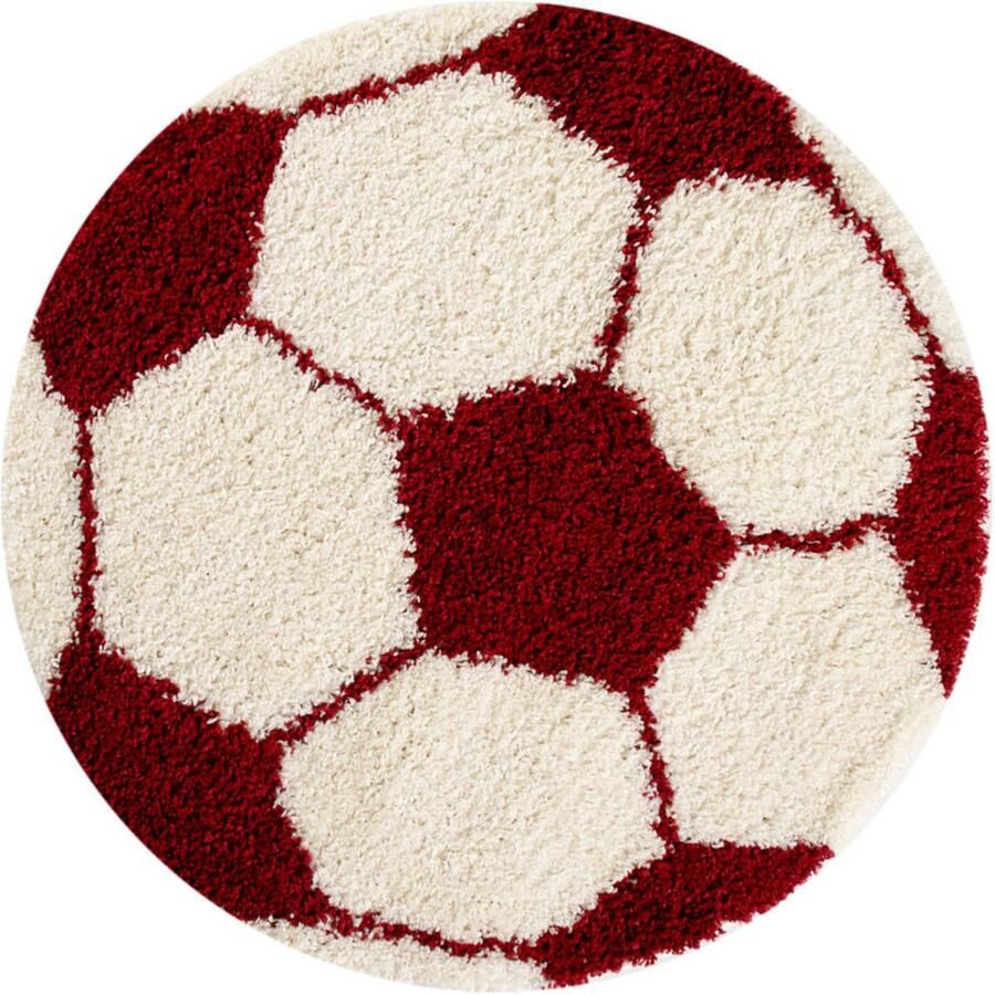 Muratap Tapijtenloods Fun Voetbal Kinderkamer Rond Vloerkleed Hoogpolig Rood Wit- 100 CM ROND - Foto 2